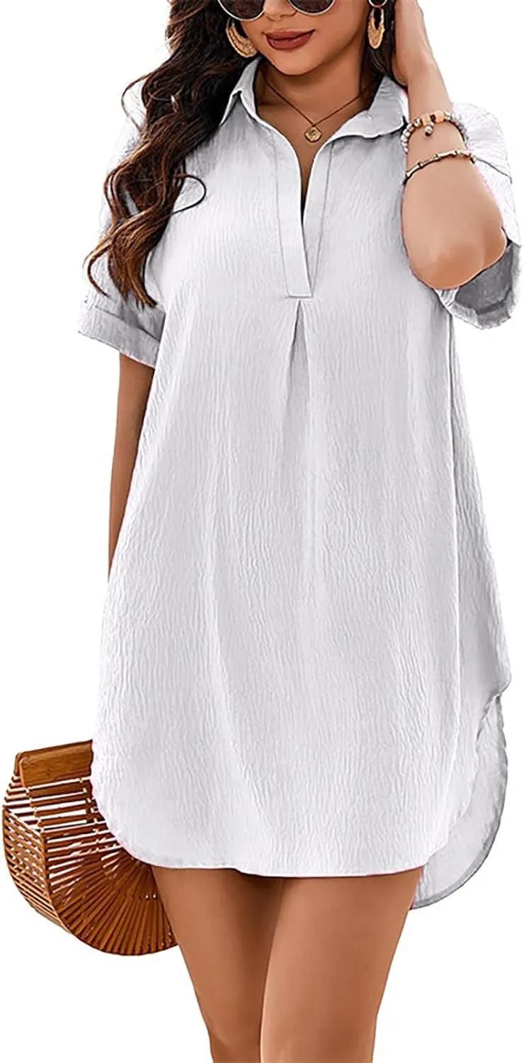 Women's Casual Shift Dresses Summer V Neck Short Sleeve Side Cut Out Mini Dress Fashion Beach Coverups for Women 2025
