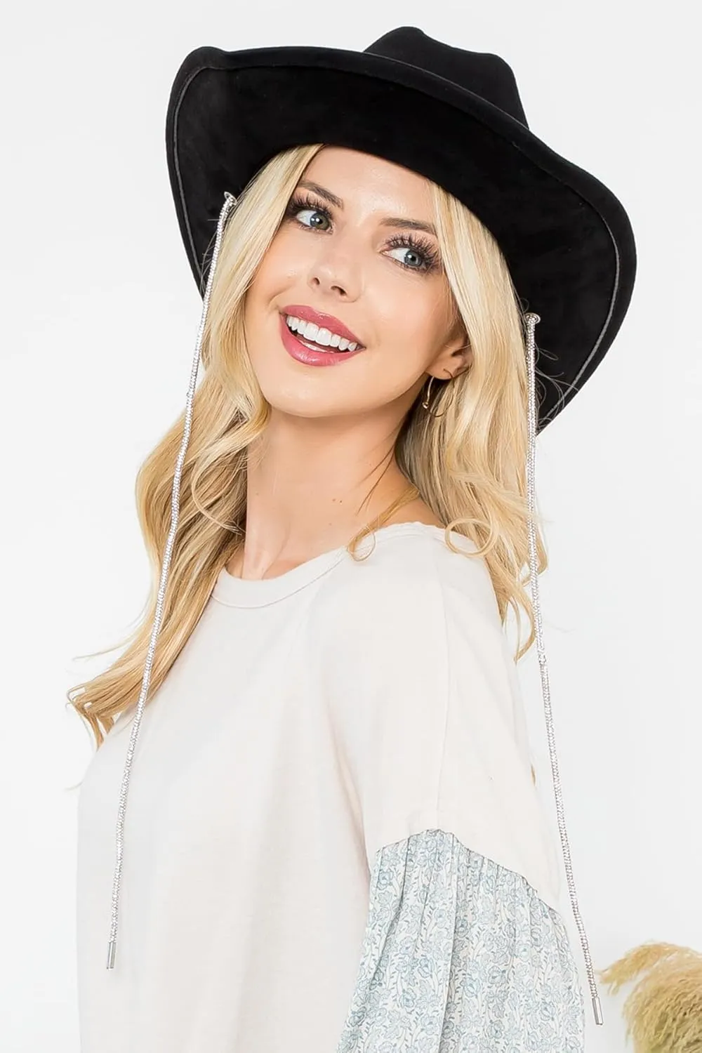 Women's Classic Wide Brim Felt Fedora Travel Western Fashion Hat, Adjustable Hat Band Rhinestone Glittered Lace