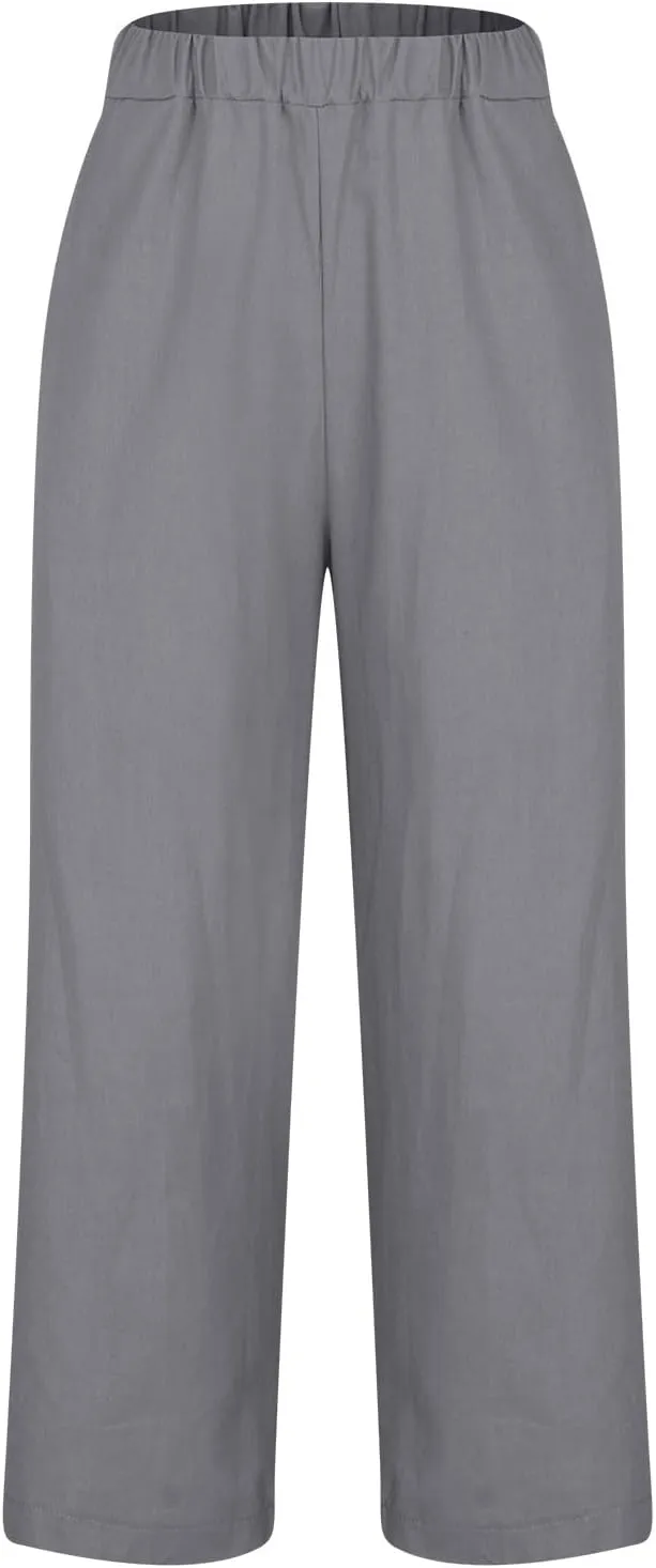 Womens Cotton Linen Pants with Pokets Straight Leg Summer Pants High Waisted Beach Casual Boho Trousers