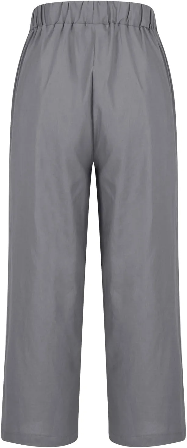 Womens Cotton Linen Pants with Pokets Straight Leg Summer Pants High Waisted Beach Casual Boho Trousers