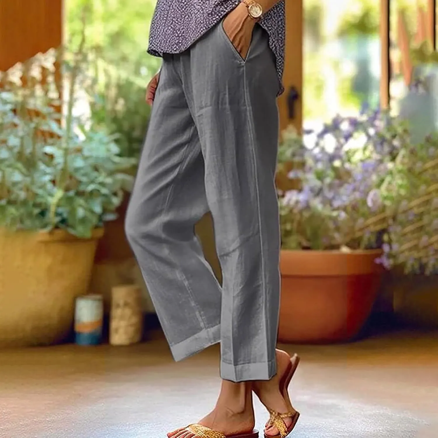 Womens Cotton Linen Pants with Pokets Straight Leg Summer Pants High Waisted Beach Casual Boho Trousers
