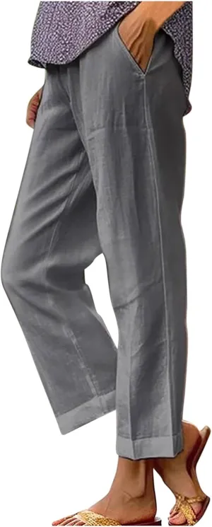 Womens Cotton Linen Pants with Pokets Straight Leg Summer Pants High Waisted Beach Casual Boho Trousers