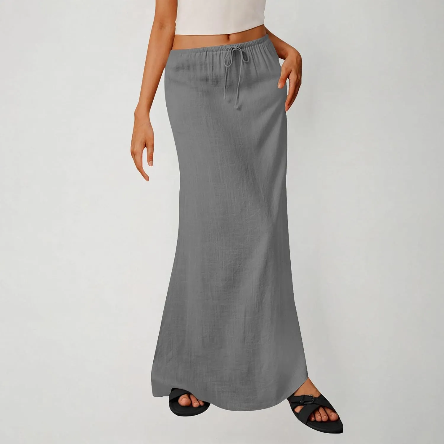 Women's Cotton Linen Skirts Summer Solid Color Elastic Waist Drawstring Skirt Casual Summer Flowy Ankle Length Skirt