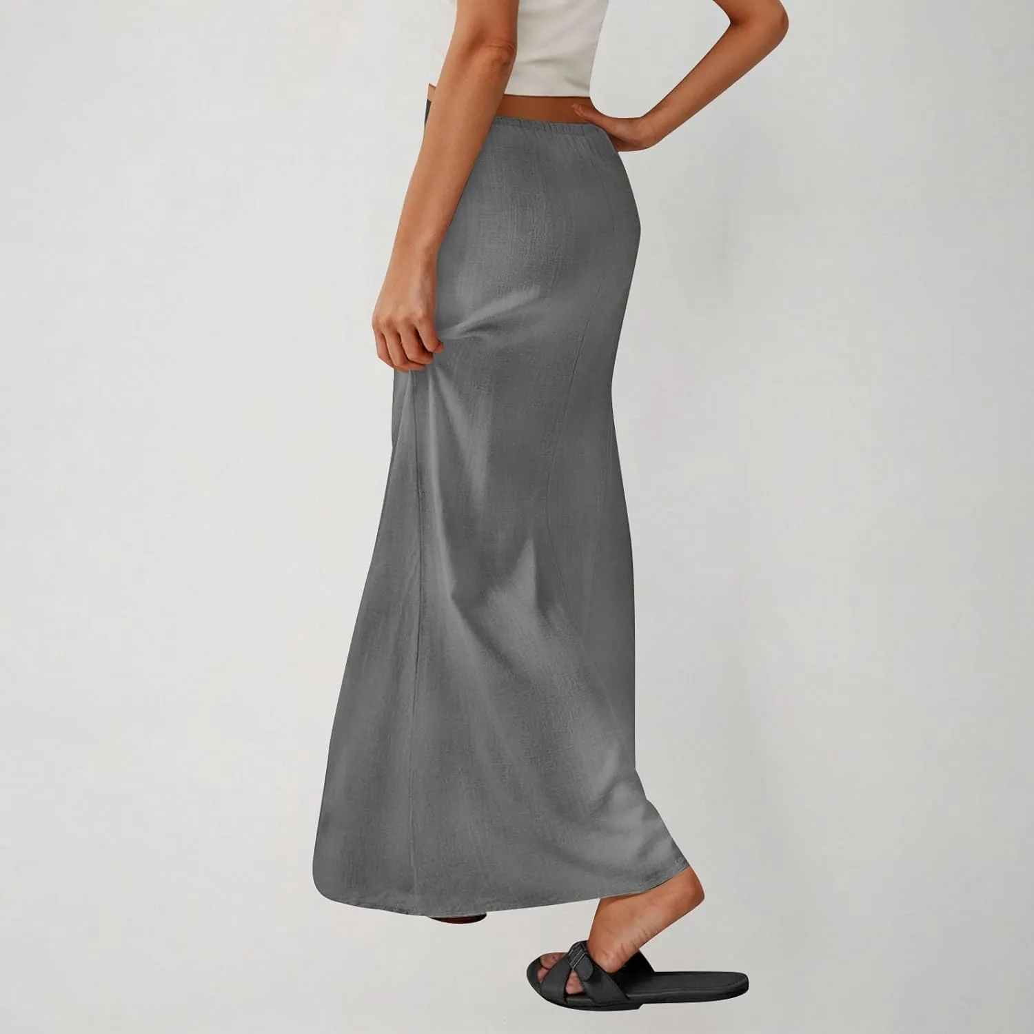 Women's Cotton Linen Skirts Summer Solid Color Elastic Waist Drawstring Skirt Casual Summer Flowy Ankle Length Skirt
