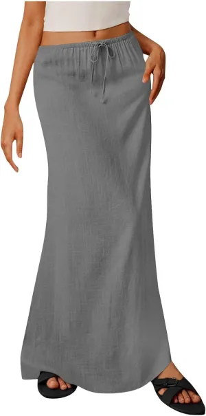 Women's Cotton Linen Skirts Summer Solid Color Elastic Waist Drawstring Skirt Casual Summer Flowy Ankle Length Skirt
