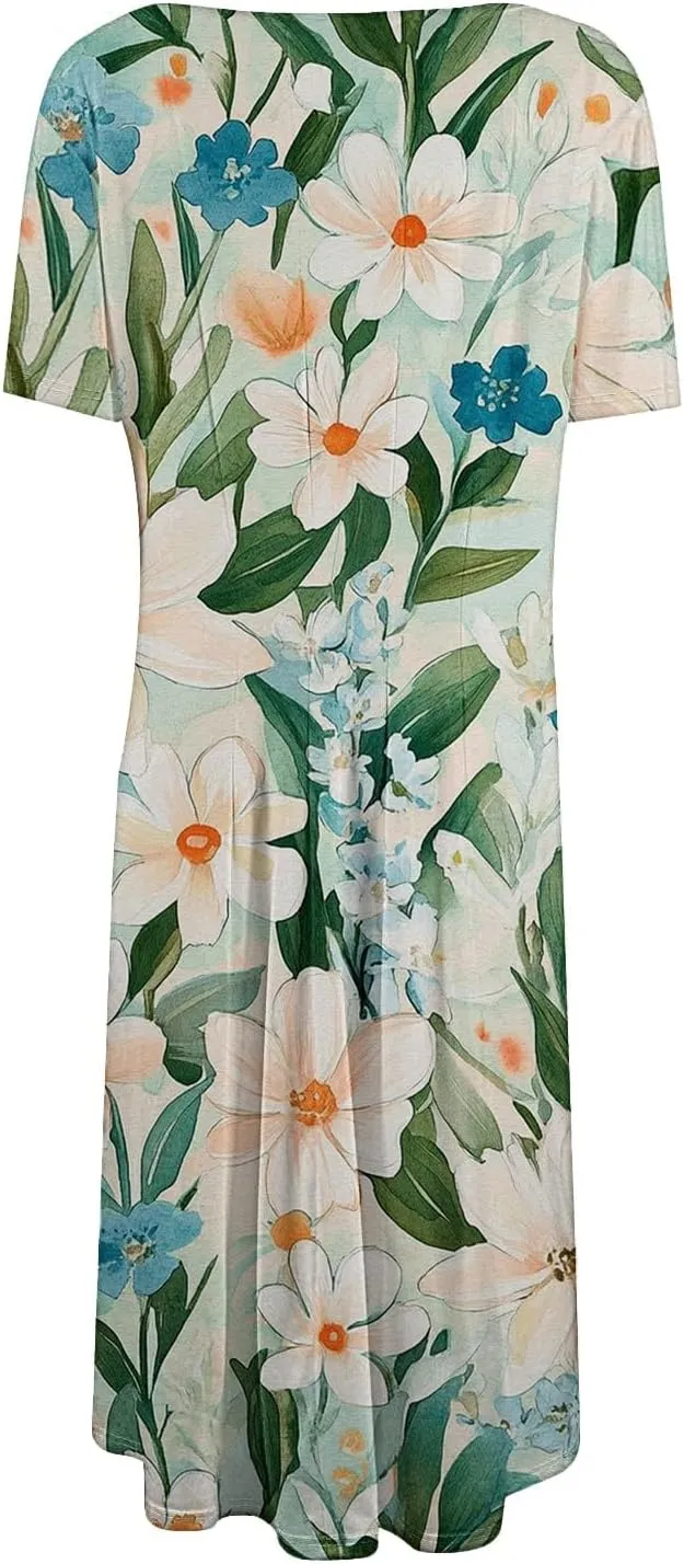 Womens Cotton Linen Sleeveless Beach Dresses Round Neck Dresses Elegant Pleated with Side Floral Short Sleeve Wrap