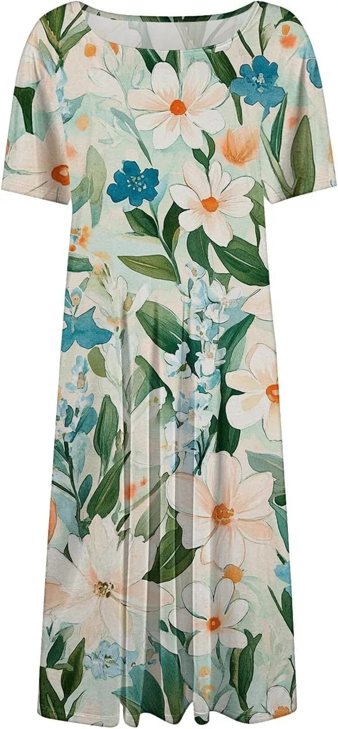 Womens Cotton Linen Sleeveless Beach Dresses Round Neck Dresses Elegant Pleated with Side Floral Short Sleeve Wrap
