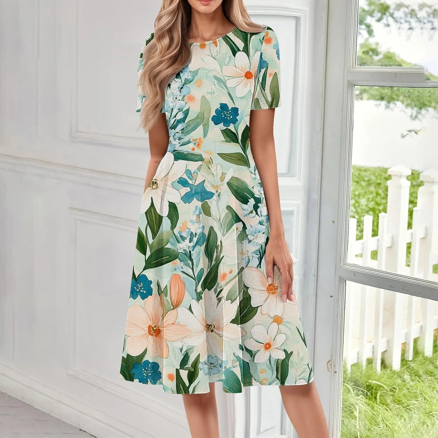 Womens Cotton Linen Sleeveless Beach Dresses Round Neck Dresses Elegant Pleated with Side Floral Short Sleeve Wrap