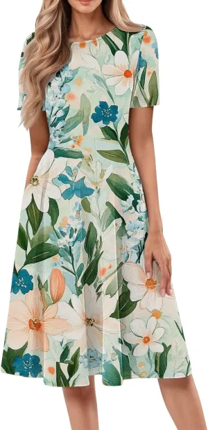 Womens Cotton Linen Sleeveless Beach Dresses Round Neck Dresses Elegant Pleated with Side Floral Short Sleeve Wrap