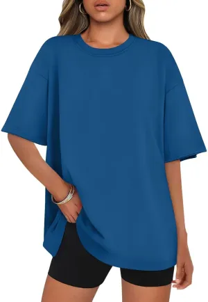 Womens Crewneck Short Sleeve Tee Oversized T Shirts Loose Fit Dark Blue