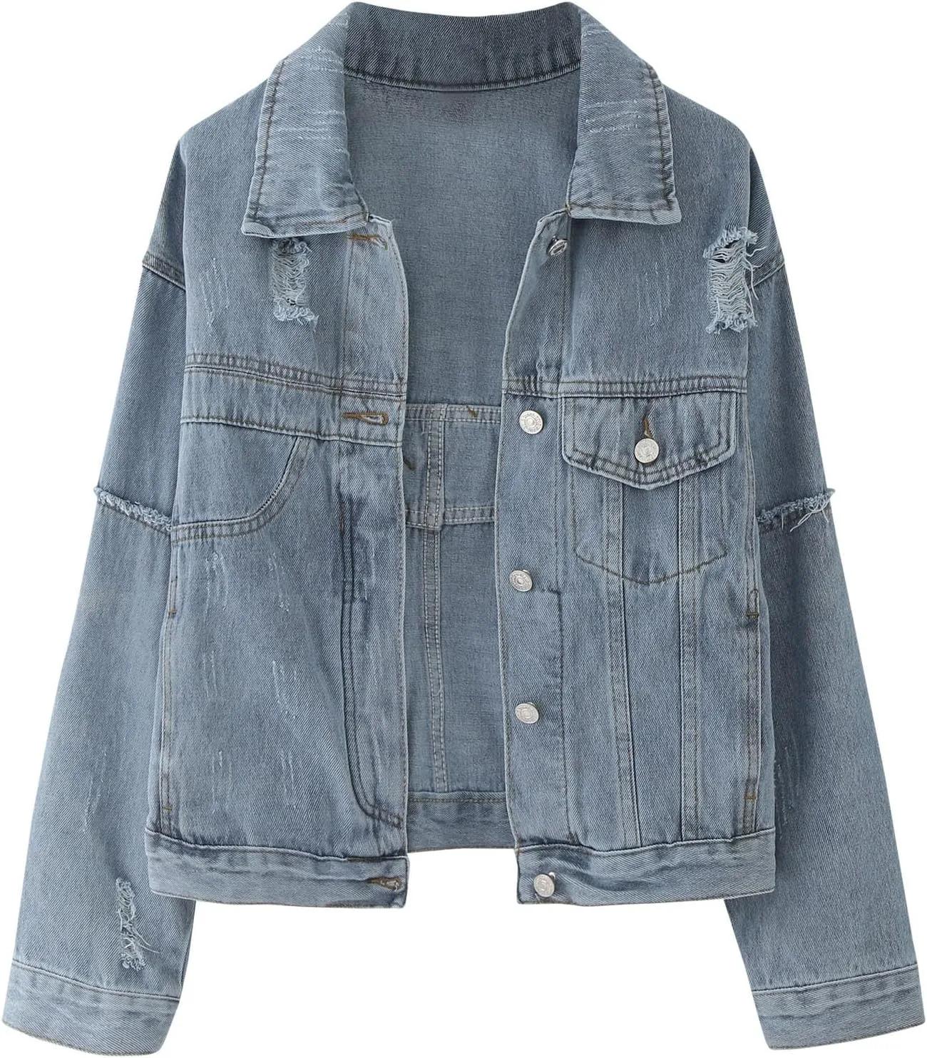 Womens Cropped Denim Jackets 2024 Trendy Button Up Shacket Fall Spring Long Sleeve Jean Coats Retro Petite Denim Coat