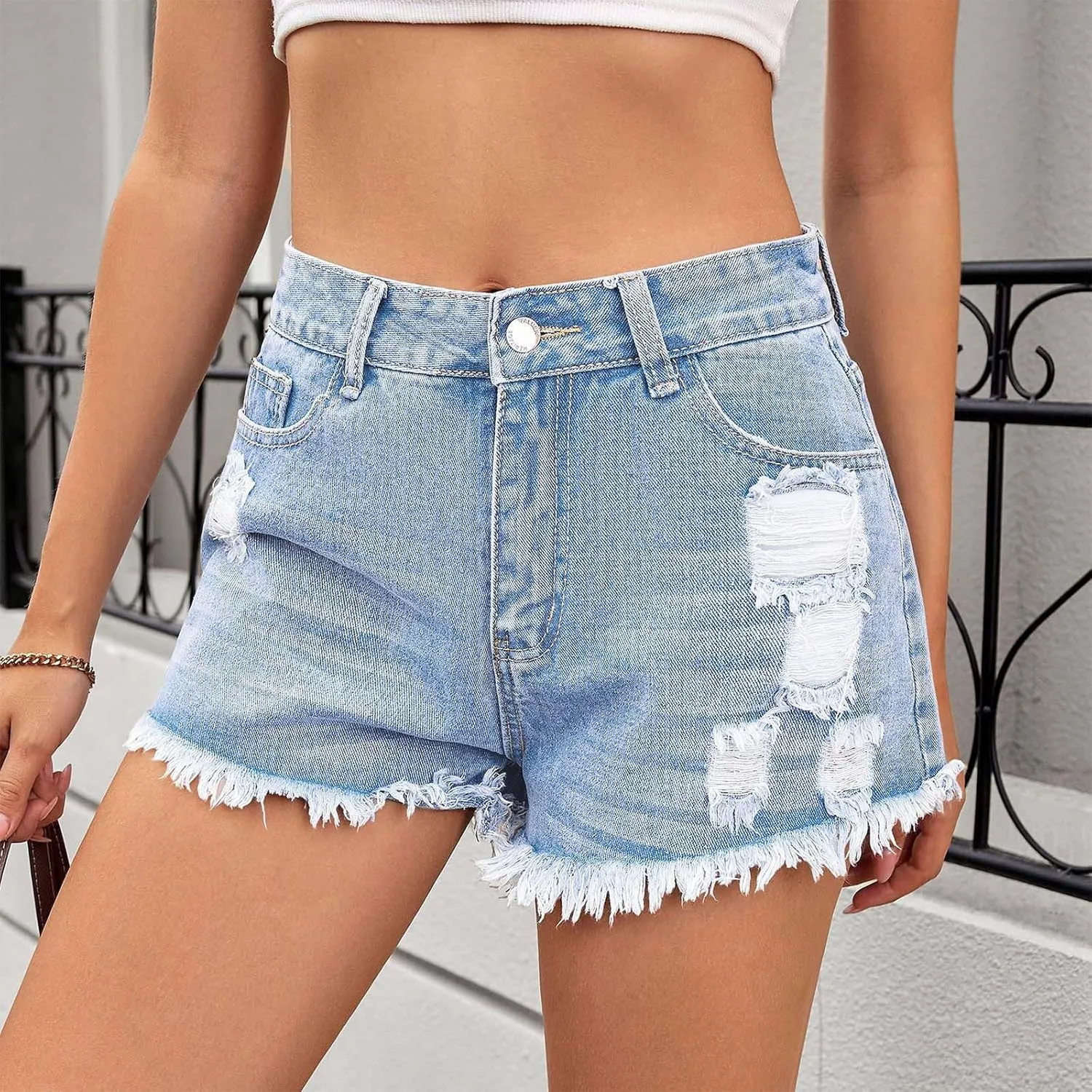 Women's Denim Shorts 2025 Summer High Rise Ripped Stretchy Jean Shorts Distressed Frayed Raw Hem Casual Short Jeans