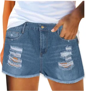 Womens Denim Shorts High Waisted Cute Solid Stretch Mom Jeans Shorts with Pockets Frayed Hem Hot Short Pants Womens Shorts for Summer