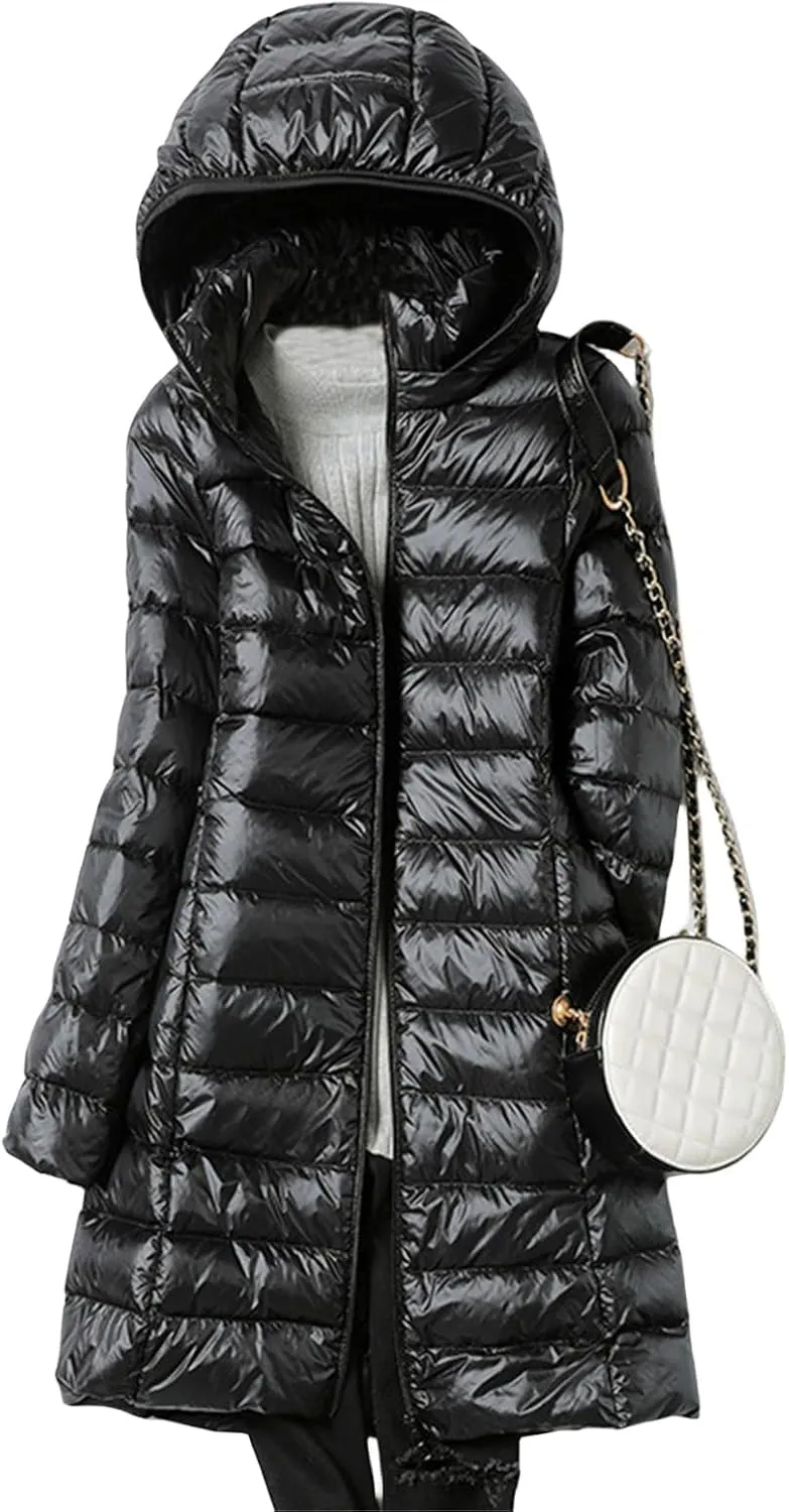 Women's Down Puffer Jackets Long Lightweight Casual Winter Coats Thin Slim Hooded Parka