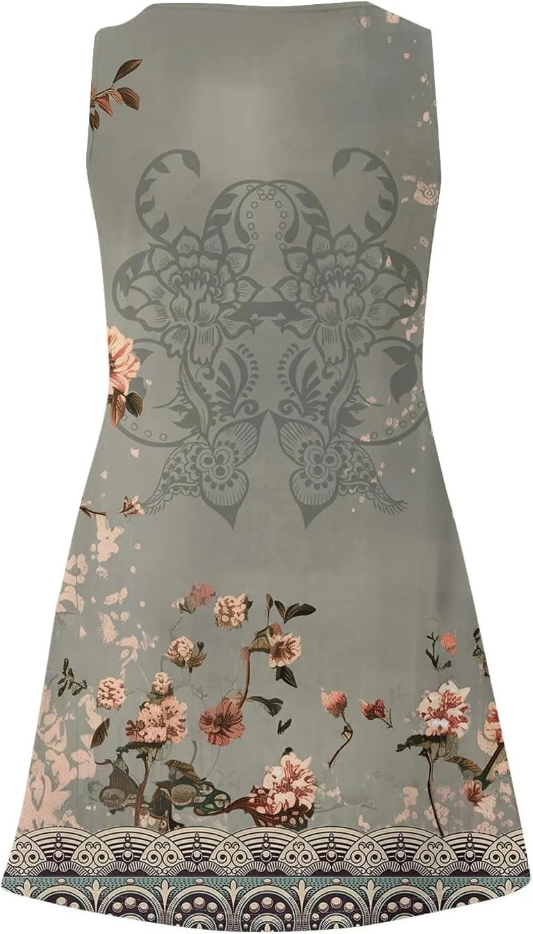 Womens Dress Shirts Summer Sleeveless Tank Dress Sundresses Short Dresses Casual Spring Boho Floral Dresses with Pocket