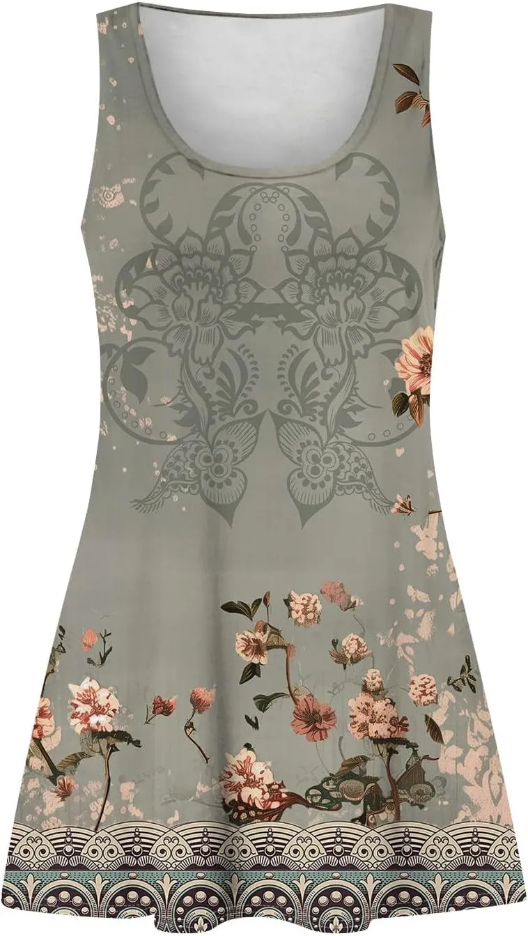 Womens Dress Shirts Summer Sleeveless Tank Dress Sundresses Short Dresses Casual Spring Boho Floral Dresses with Pocket