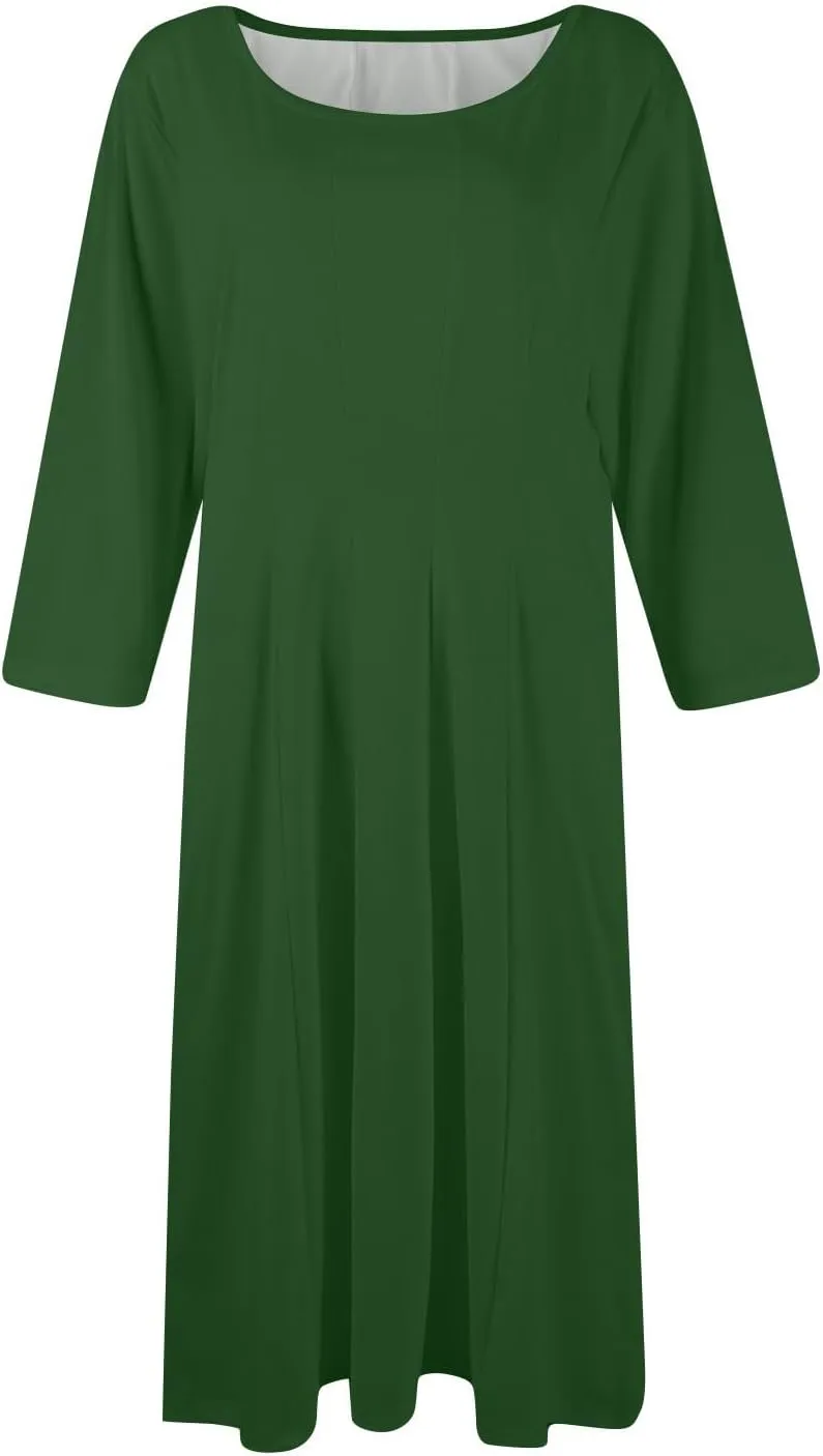 Womens Dress Summer 3/4 Sleeve A Line Dress Solid Plain Pleated Midi Dresses Spring Flowy Beach Dresses with Pocket