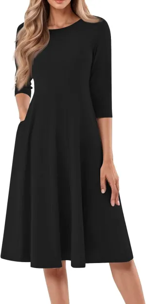 Womens Dress Summer 3/4 Sleeve A Line Dress Solid Plain Pleated Midi Dresses Spring Flowy Beach Dresses with Pocket