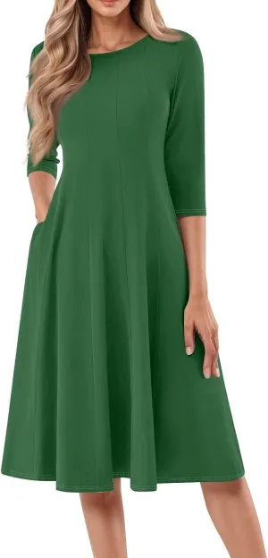 Womens Dress Summer 3/4 Sleeve A Line Dress Solid Plain Pleated Midi Dresses Spring Flowy Beach Dresses with Pocket
