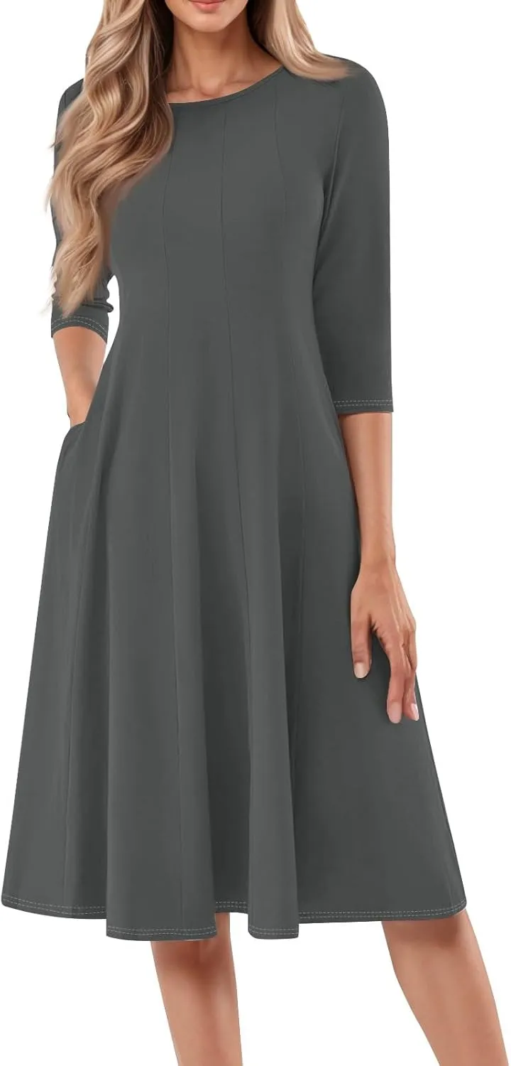 Womens Dress Summer 3/4 Sleeve A Line Dress Solid Plain Pleated Midi Dresses Spring Flowy Beach Dresses with Pocket
