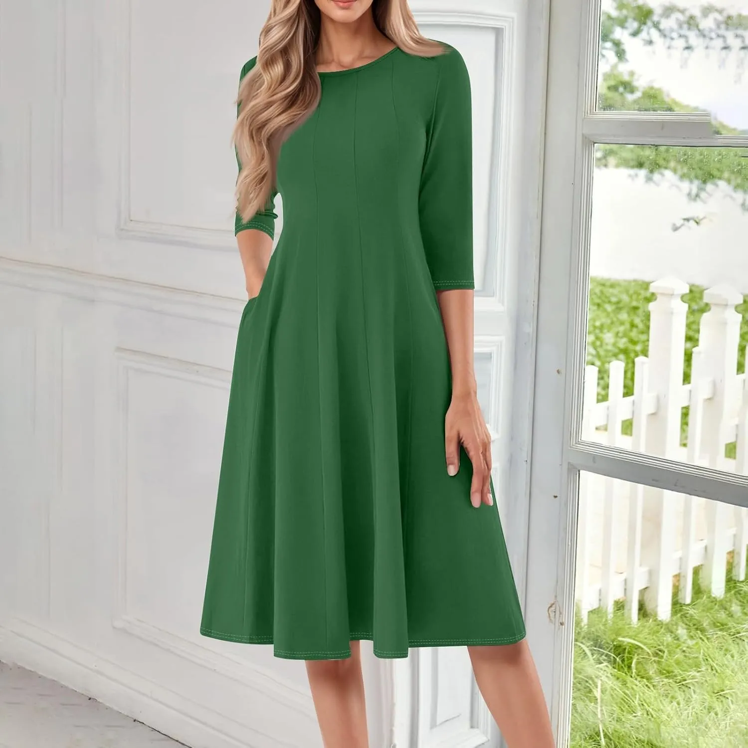 Womens Dress Summer 3/4 Sleeve A Line Dress Solid Plain Pleated Midi Dresses Spring Flowy Beach Dresses with Pocket