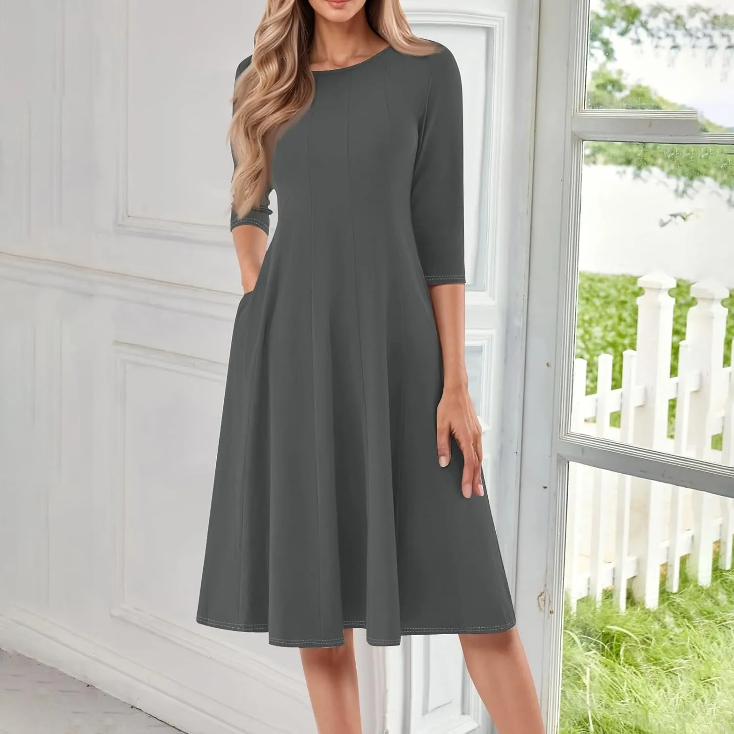 Womens Dress Summer 3/4 Sleeve A Line Dress Solid Plain Pleated Midi Dresses Spring Flowy Beach Dresses with Pocket