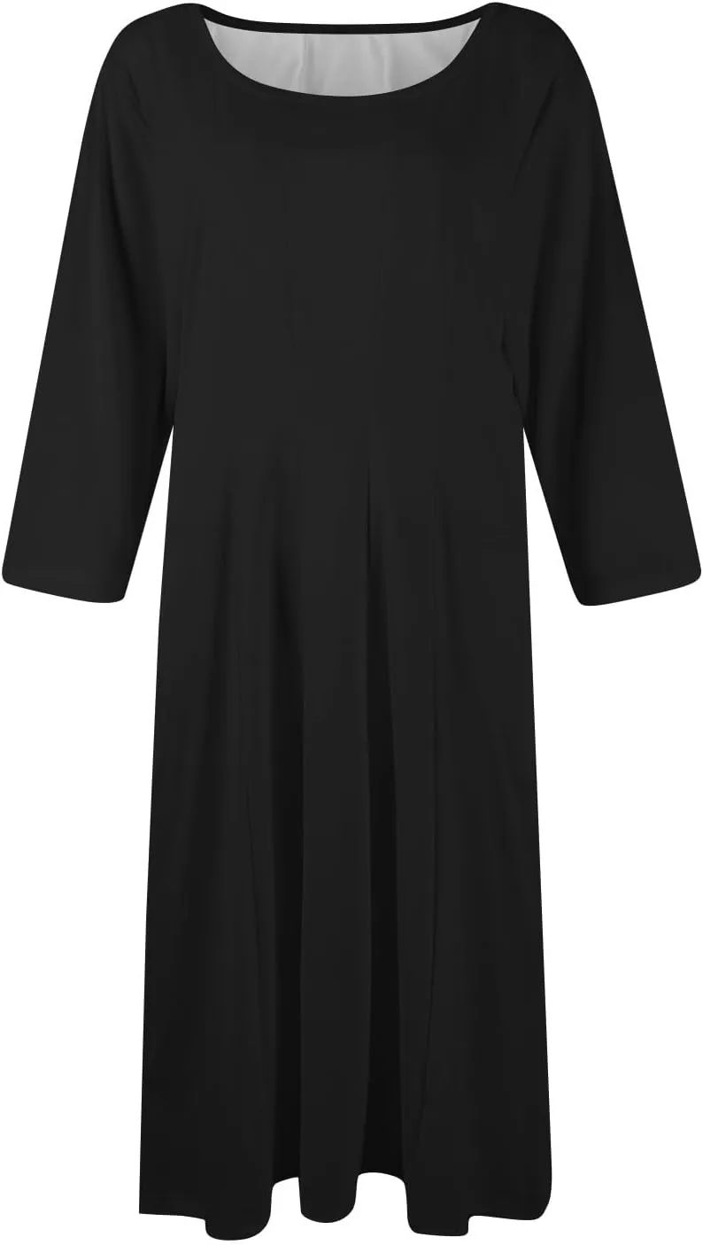 Womens Dress Summer 3/4 Sleeve A Line Dress Solid Plain Pleated Midi Dresses Spring Flowy Beach Dresses with Pocket