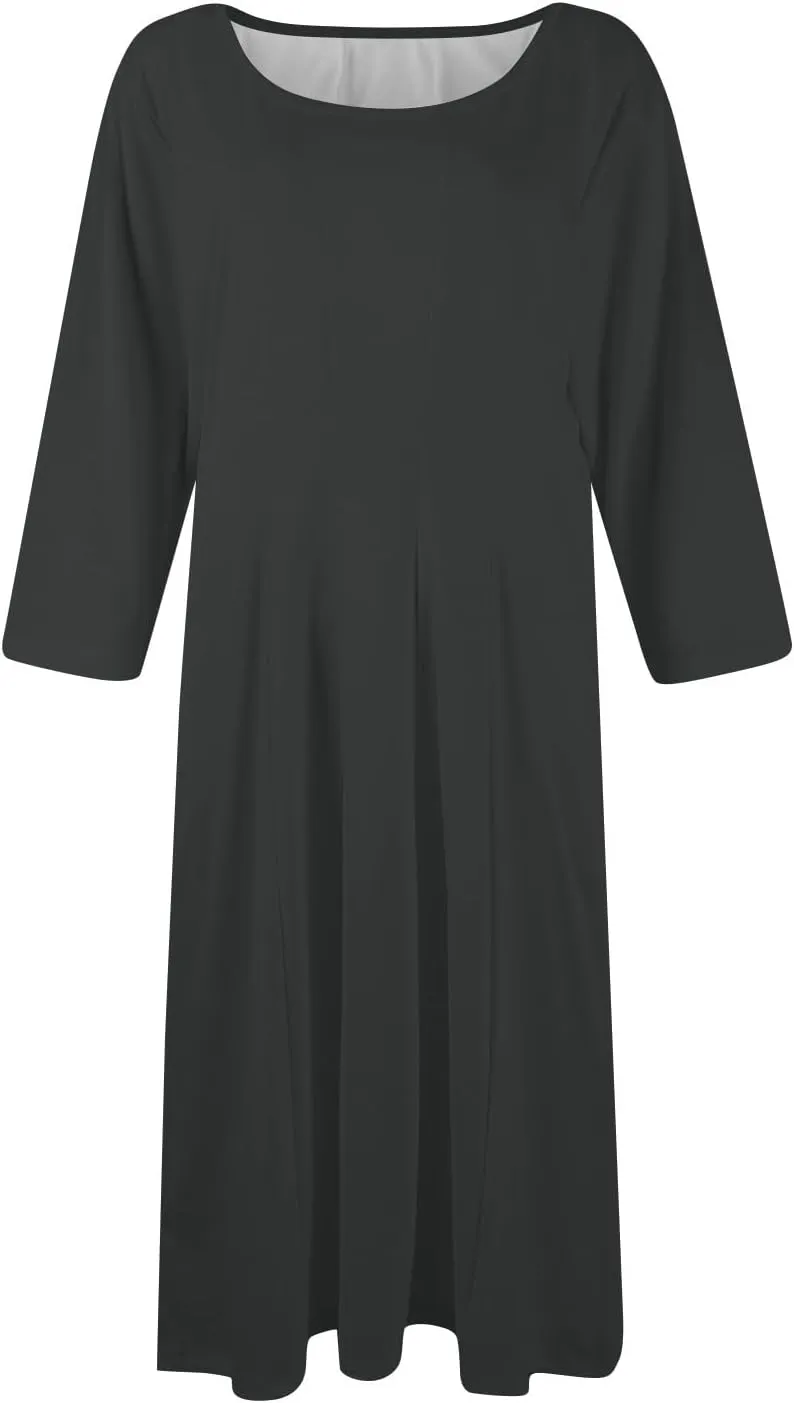 Womens Dress Summer 3/4 Sleeve A Line Dress Solid Plain Pleated Midi Dresses Spring Flowy Beach Dresses with Pocket