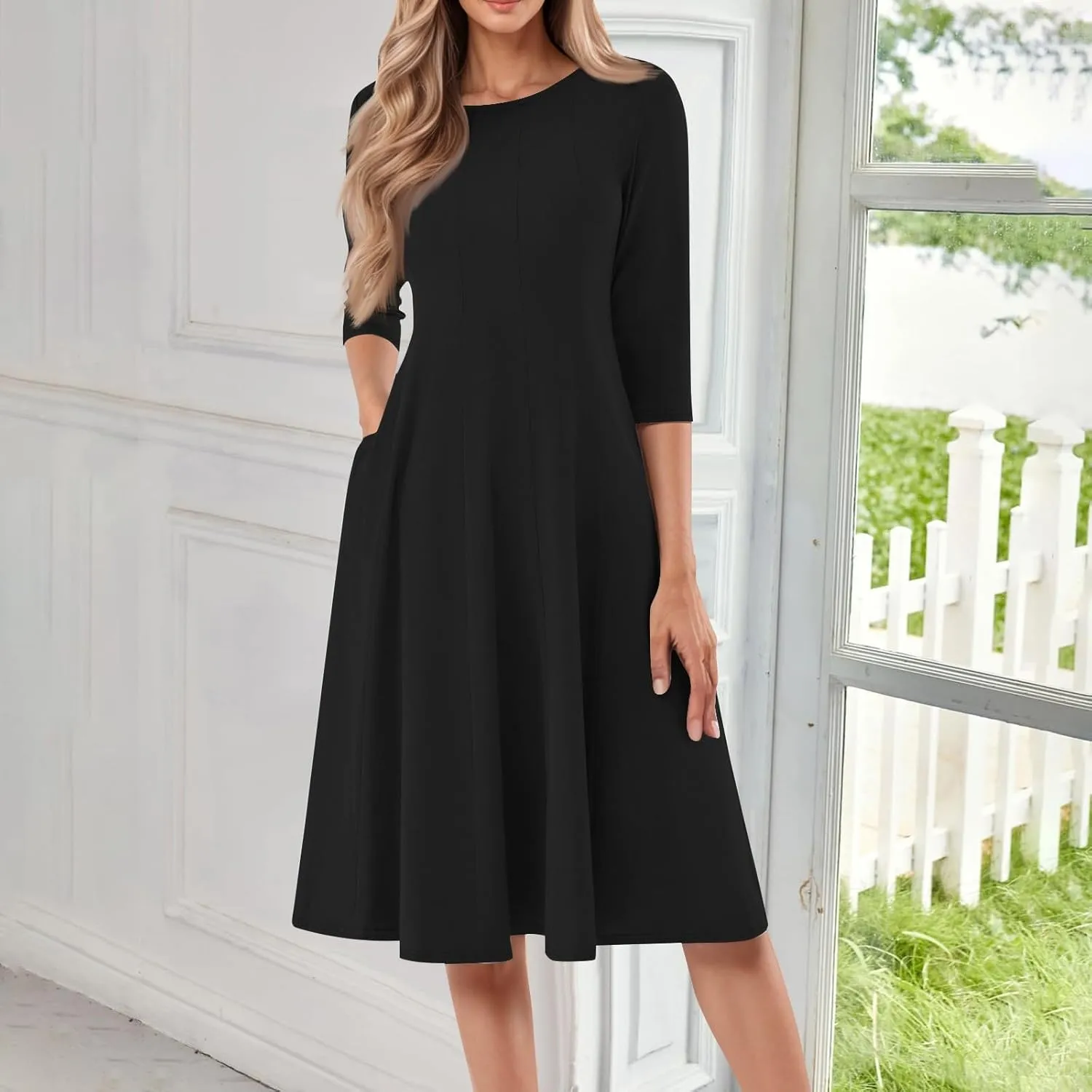 Womens Dress Summer 3/4 Sleeve A Line Dress Solid Plain Pleated Midi Dresses Spring Flowy Beach Dresses with Pocket