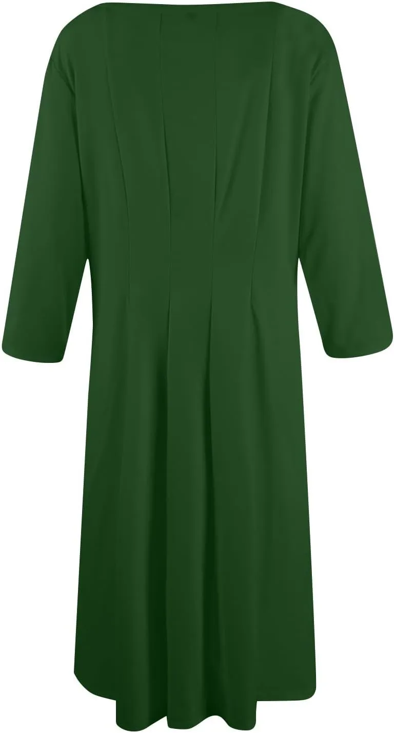 Womens Dress Summer 3/4 Sleeve A Line Dress Solid Plain Pleated Midi Dresses Spring Flowy Beach Dresses with Pocket