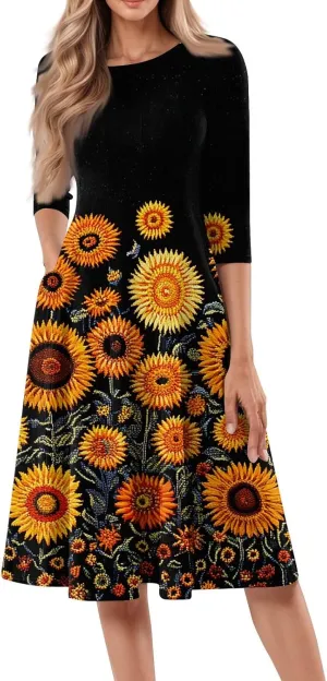 Womens Dresses Casual Spring 3/4 Sleeve A Line Dress Floral Print Midi Dress Summer Pleated Dresses with Pocket