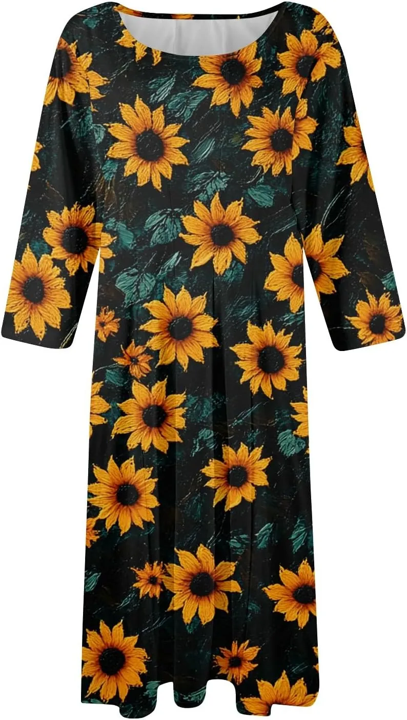 Womens Dresses Casual Spring 3/4 Sleeve A Line Dress Floral Print Midi Dress Summer Pleated Dresses with Pocket