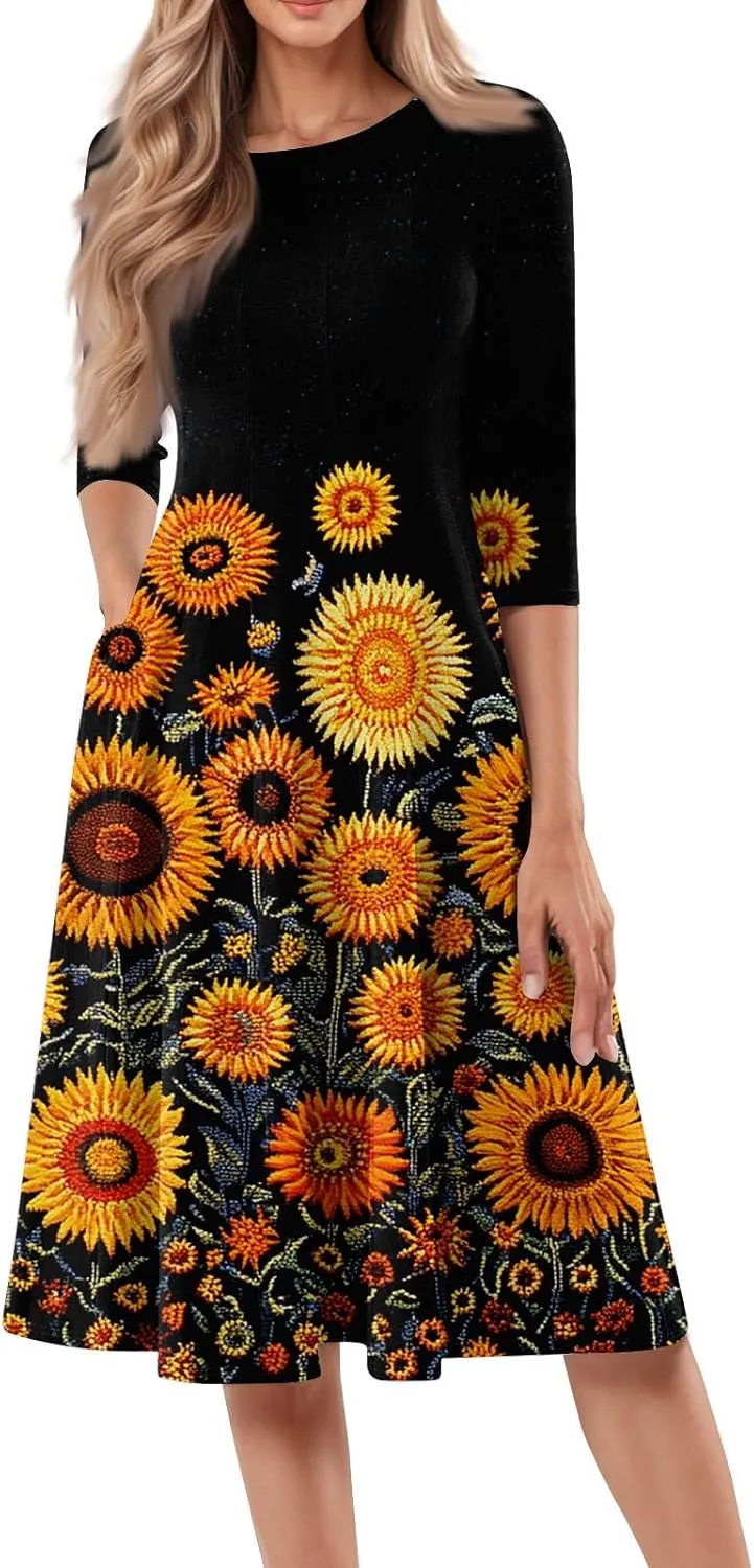 Womens Dresses Casual Spring 3/4 Sleeve A Line Dress Floral Print Midi Dress Summer Pleated Dresses with Pocket