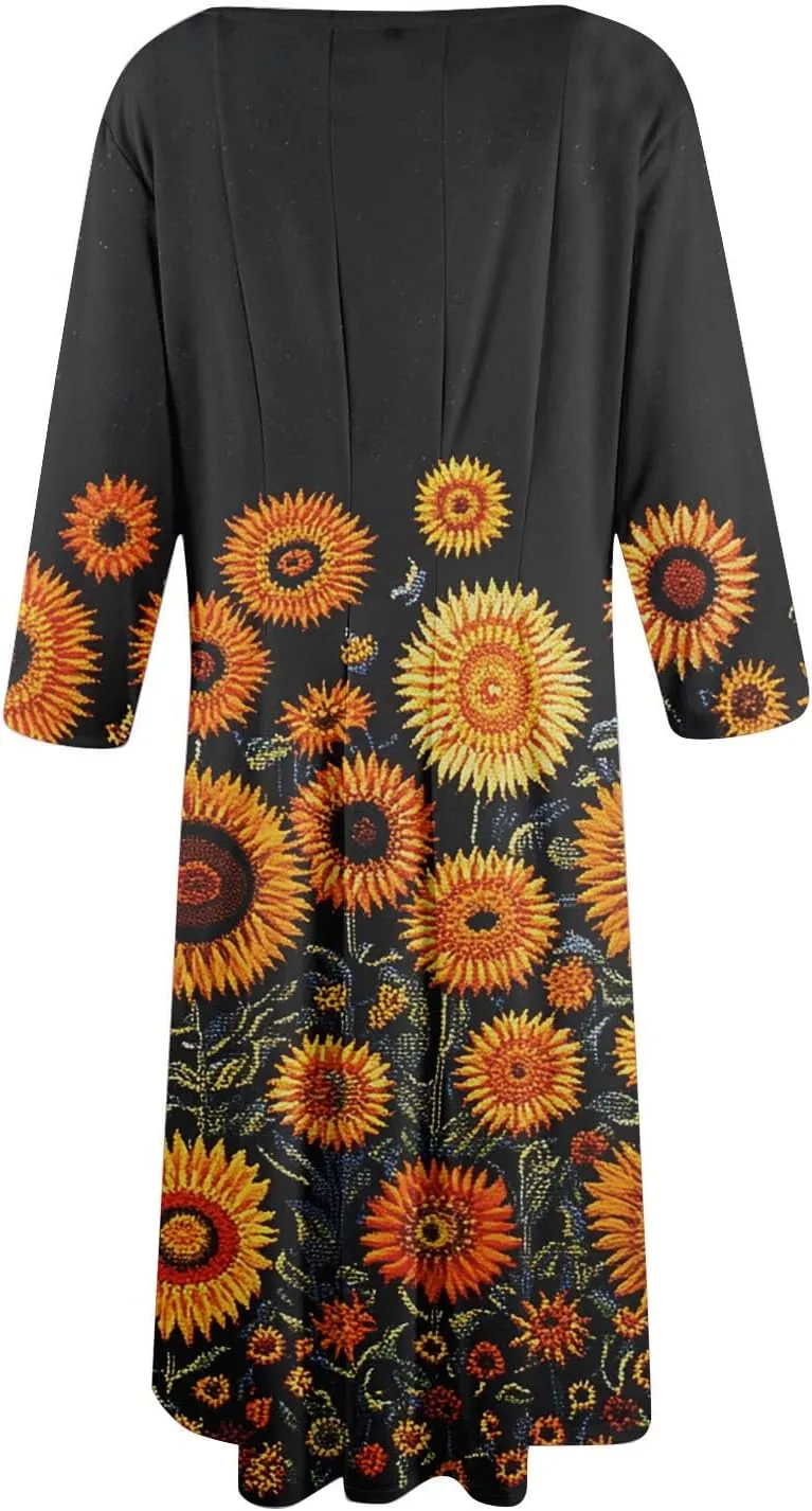 Womens Dresses Casual Spring 3/4 Sleeve A Line Dress Floral Print Midi Dress Summer Pleated Dresses with Pocket