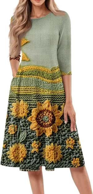 Womens Dresses Casual Spring 3/4 Sleeve A Line Dress Floral Print Midi Dress Summer Pleated Dresses with Pocket
