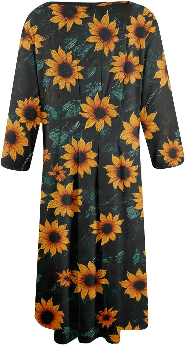 Womens Dresses Casual Spring 3/4 Sleeve A Line Dress Floral Print Midi Dress Summer Pleated Dresses with Pocket