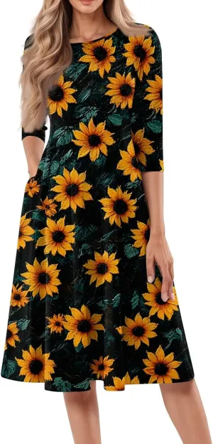 Womens Dresses Casual Spring 3/4 Sleeve A Line Dress Floral Print Midi Dress Summer Pleated Dresses with Pocket