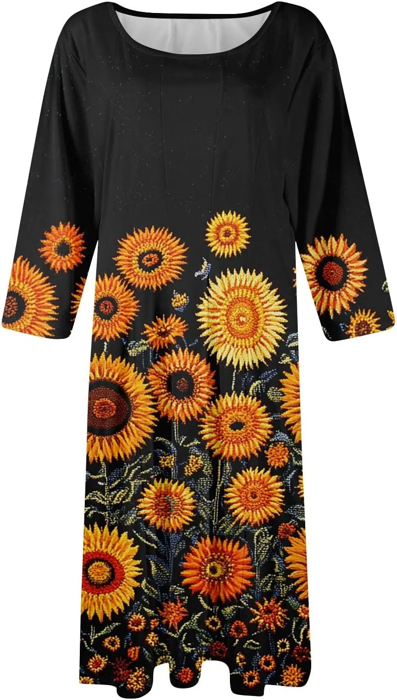 Womens Dresses Casual Spring 3/4 Sleeve A Line Dress Floral Print Midi Dress Summer Pleated Dresses with Pocket