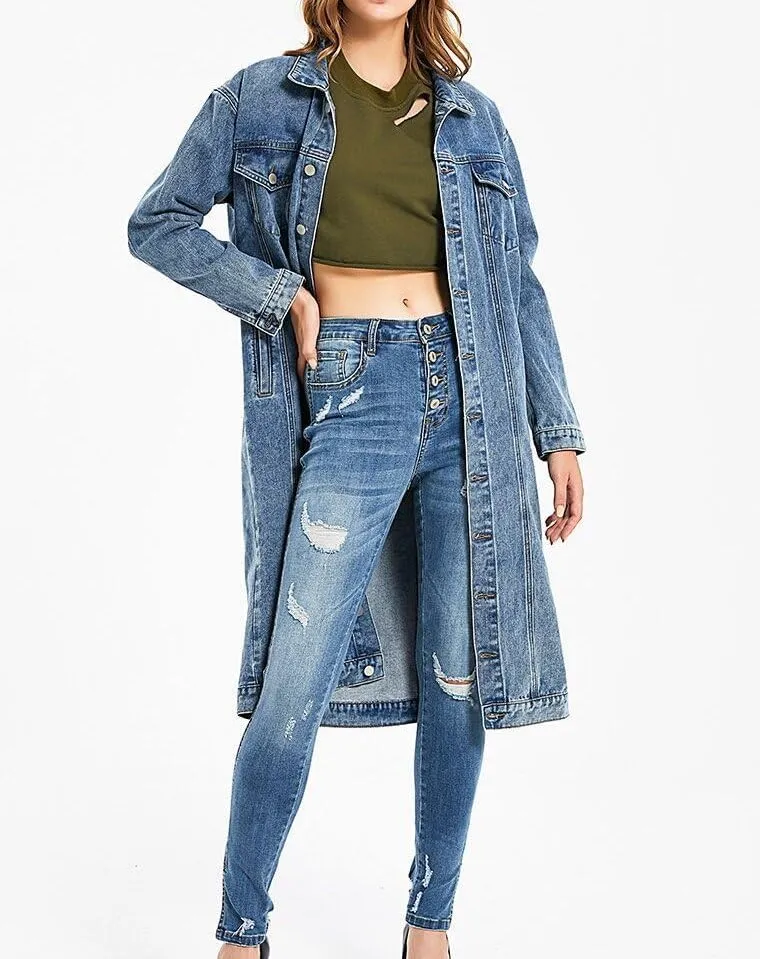 Womens Fashion Long Jean Jackets Button Down Long Sleeve Denim Jacket Trench Coat Oversized Denim Outerwear