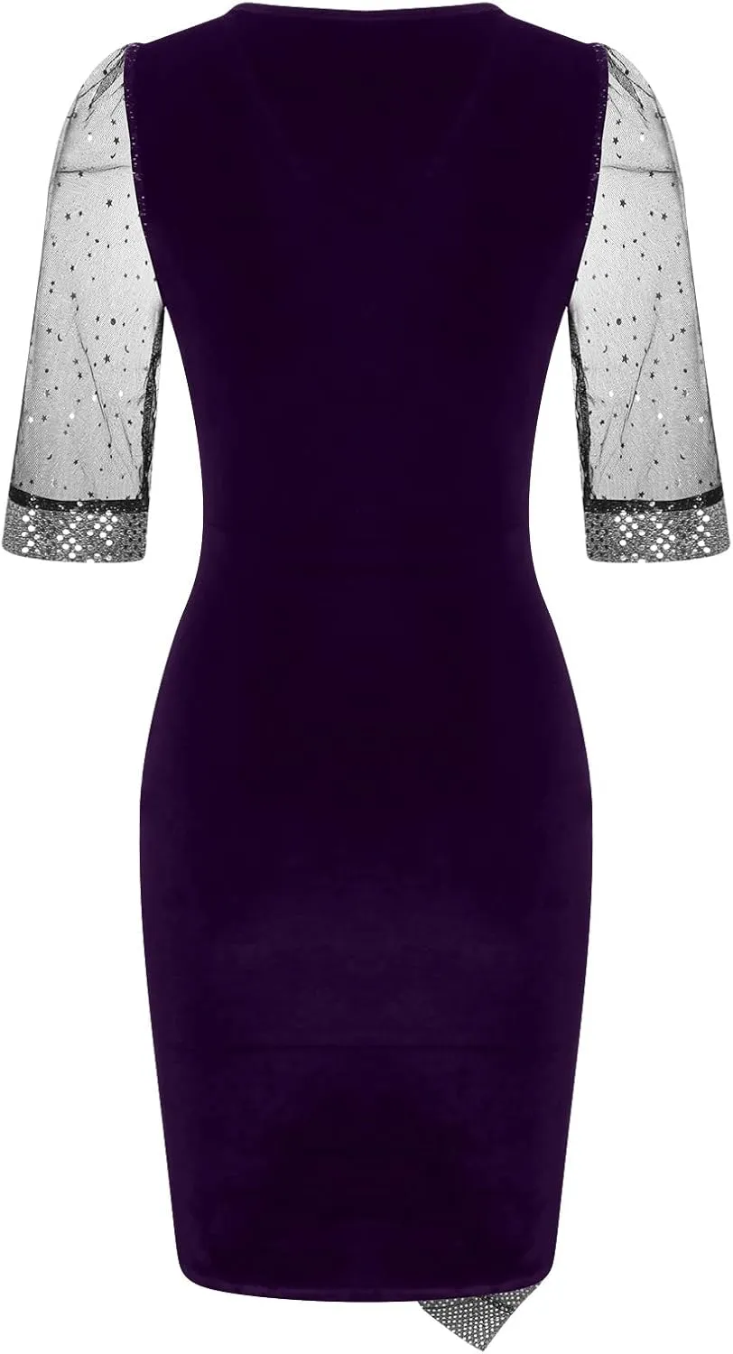 Women's Fashion V Neck Dress Sequin Mesh Half Sleeve Dress Wedding Guest Dress Stylish Elegant Evening Dresses