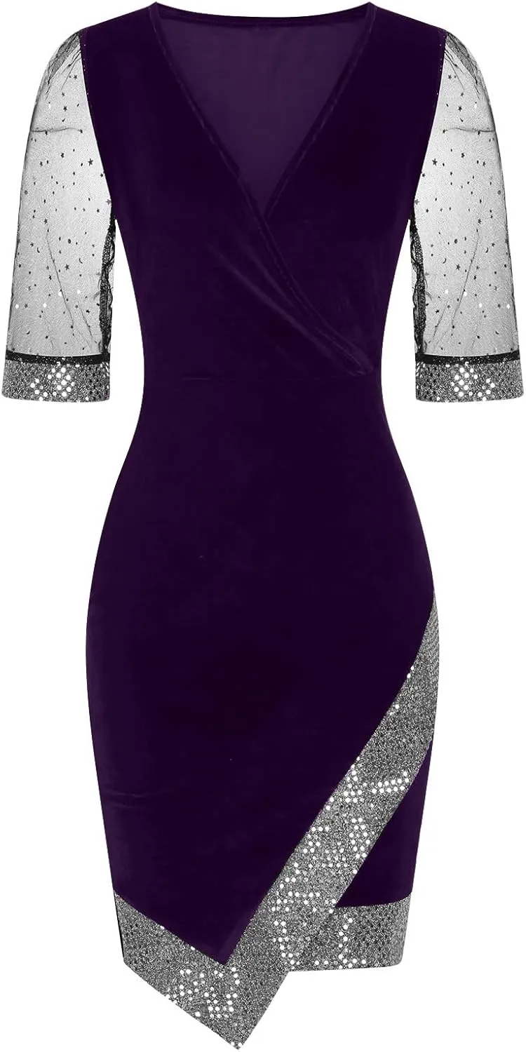 Women's Fashion V Neck Dress Sequin Mesh Half Sleeve Dress Wedding Guest Dress Stylish Elegant Evening Dresses