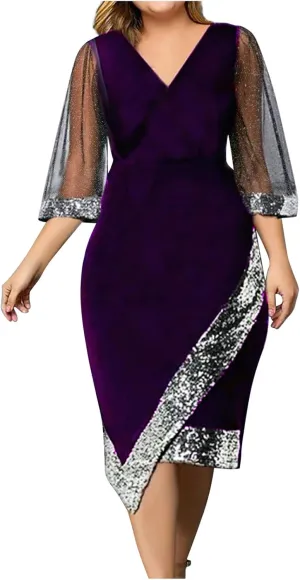 Women's Fashion V Neck Dress Sequin Mesh Half Sleeve Dress Wedding Guest Dress Stylish Elegant Evening Dresses