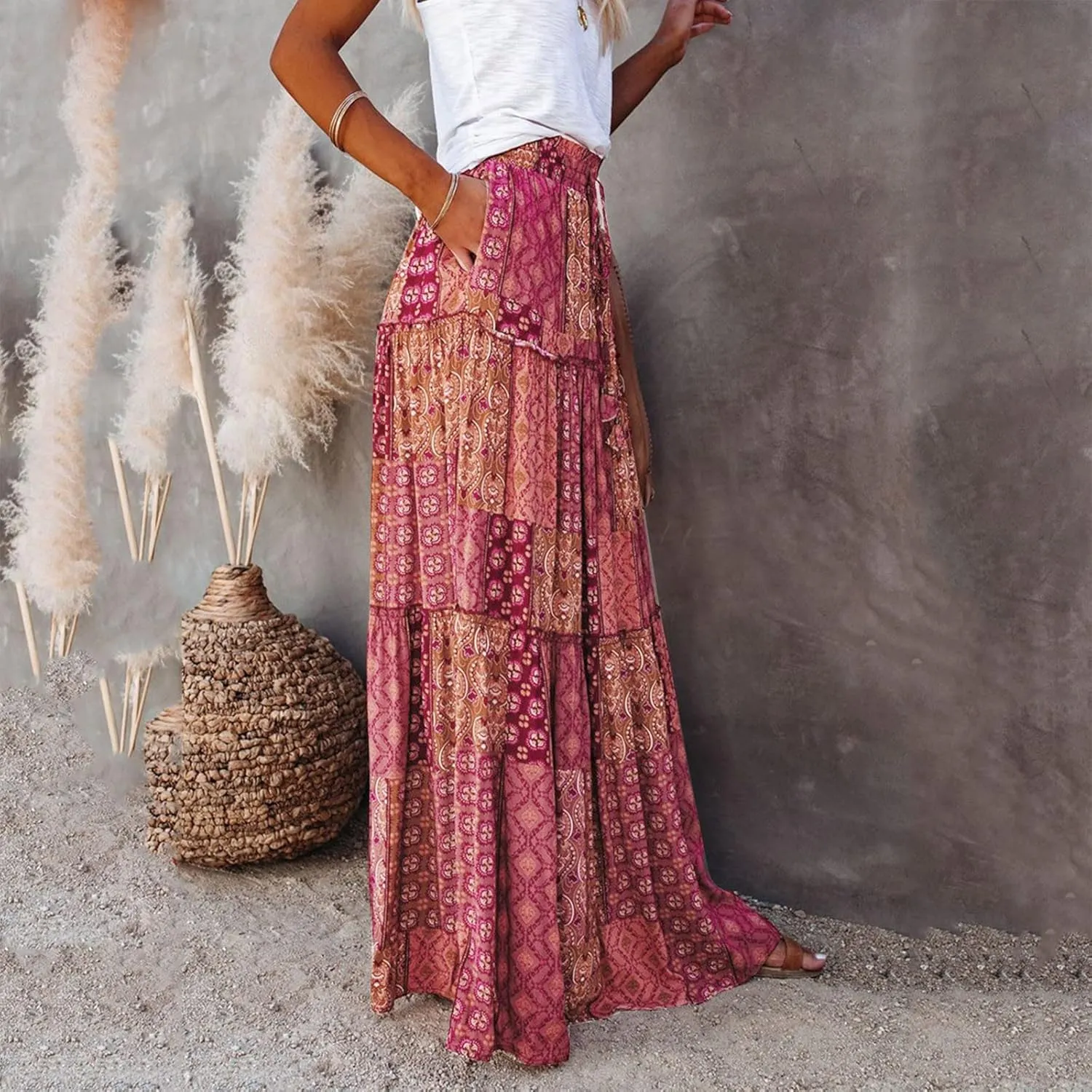 Womens Floral Print Boho Maxi Skirt Elastic High Waisted Tiered Ruffle Flowy Long Summer Beach Skirt with Pockets