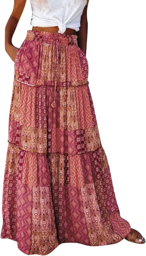 Womens Floral Print Boho Maxi Skirt Elastic High Waisted Tiered Ruffle Flowy Long Summer Beach Skirt with Pockets