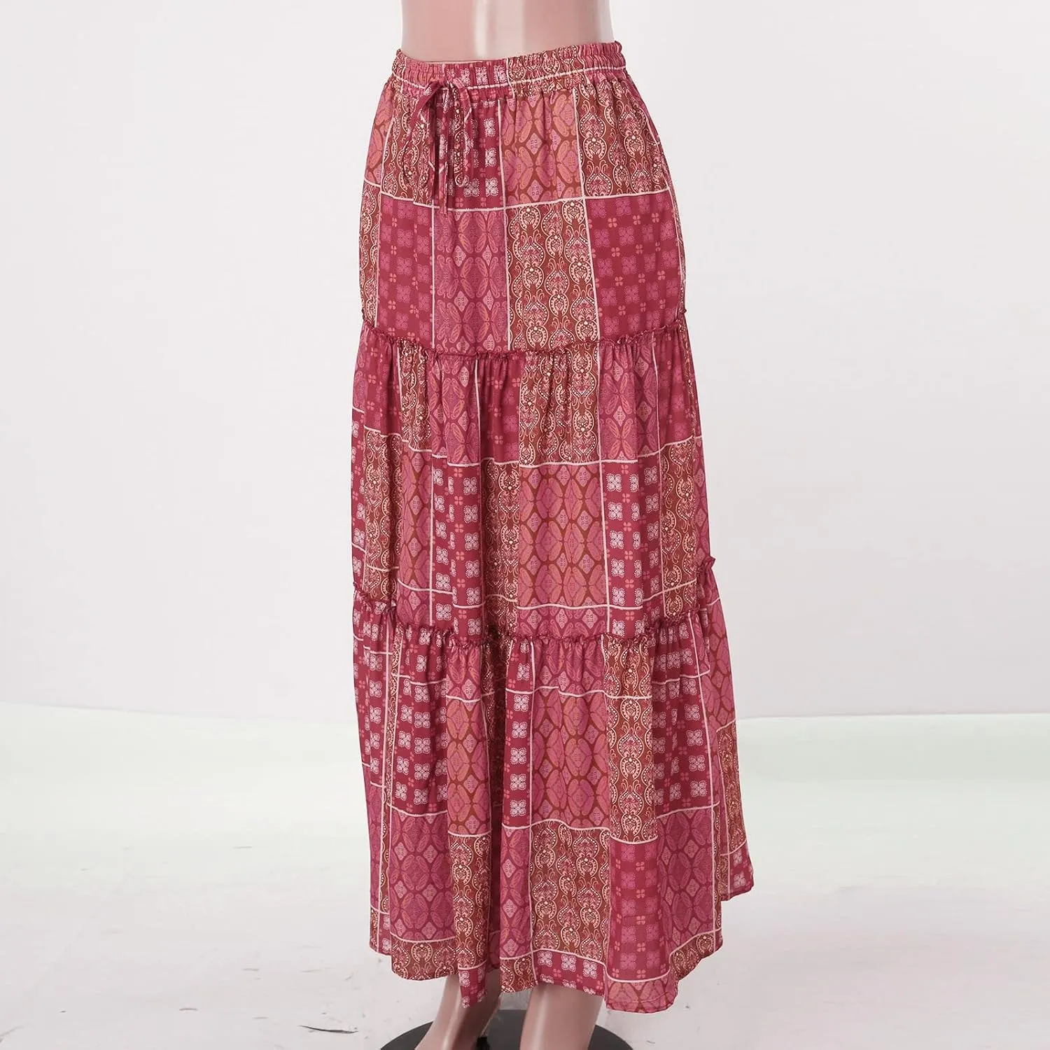 Womens Floral Print Boho Maxi Skirt Elastic High Waisted Tiered Ruffle Flowy Long Summer Beach Skirt with Pockets