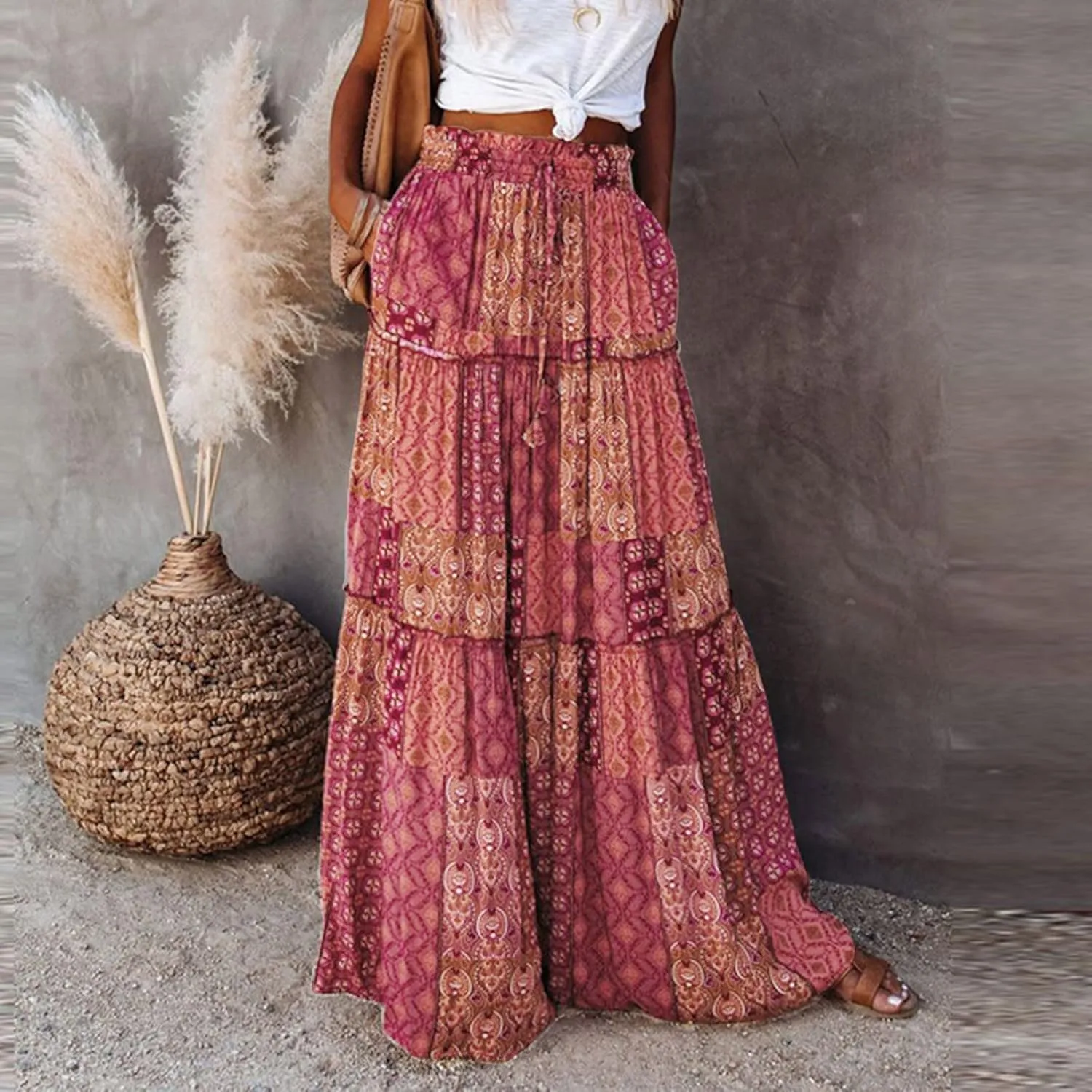 Womens Floral Print Boho Maxi Skirt Elastic High Waisted Tiered Ruffle Flowy Long Summer Beach Skirt with Pockets