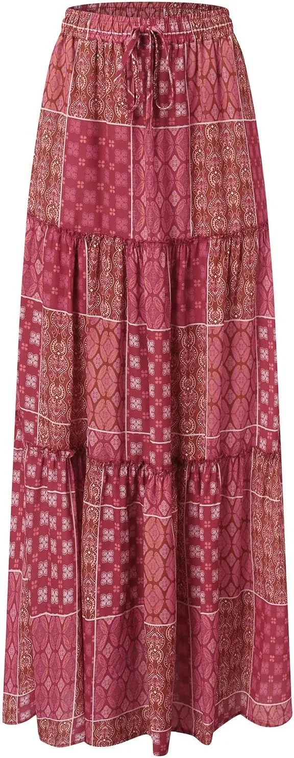 Womens Floral Print Boho Maxi Skirt Elastic High Waisted Tiered Ruffle Flowy Long Summer Beach Skirt with Pockets