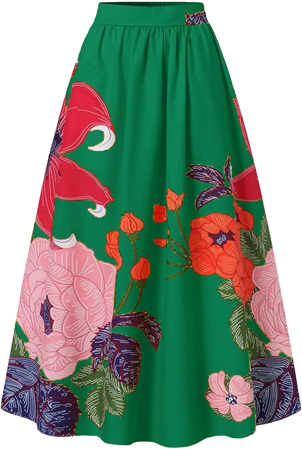 Women's Floral Ruffle Skirts Boho Maxi Skirt Plus Size High Waist Fashion Loose Hem Backless Beach Dresses Pocket