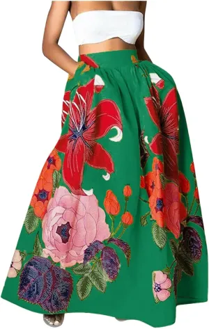 Women's Floral Ruffle Skirts Boho Maxi Skirt Plus Size High Waist Fashion Loose Hem Backless Beach Dresses Pocket