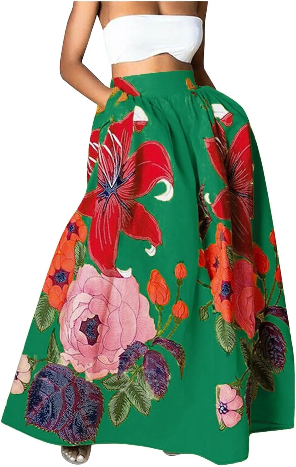 Women's Floral Ruffle Skirts Boho Maxi Skirt Plus Size High Waist Fashion Loose Hem Backless Beach Dresses Pocket